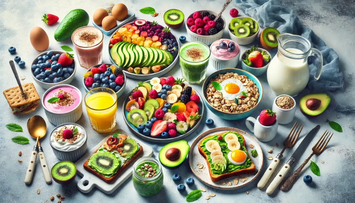Various quick and healthy breakfast ideas arranged on a table.